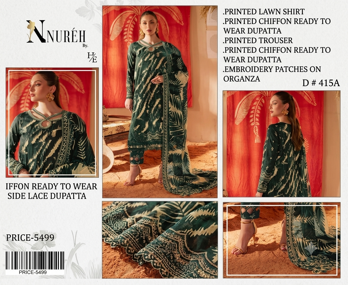 Printed Lawn 3 Piece Suit with Chiffon Ready-to-Wear Dupatta & Organza Embroidered Patches